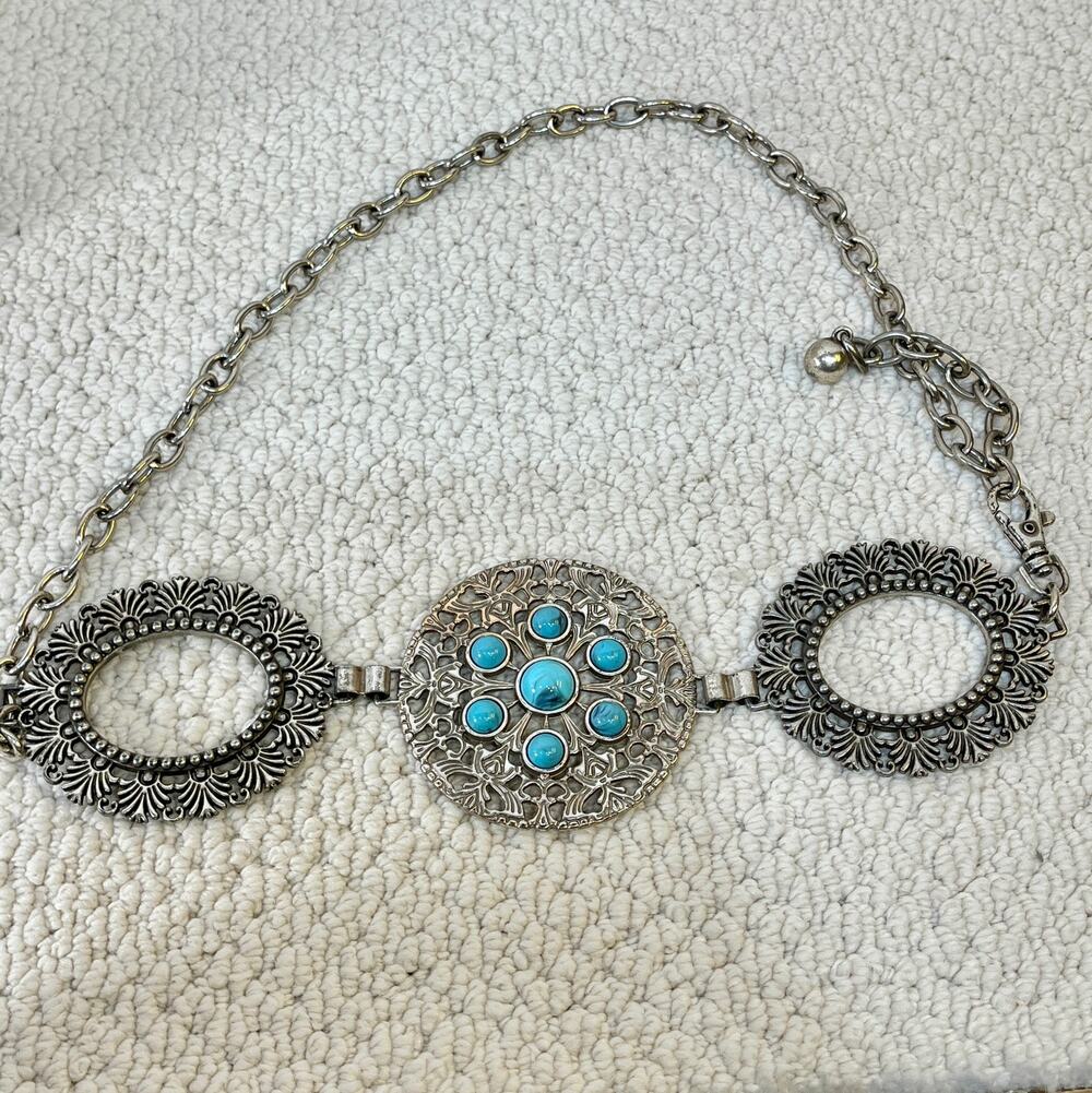 Chain Belt Silver Tone Medallion Faux Turquoise Adjustable Western Chico's 40"